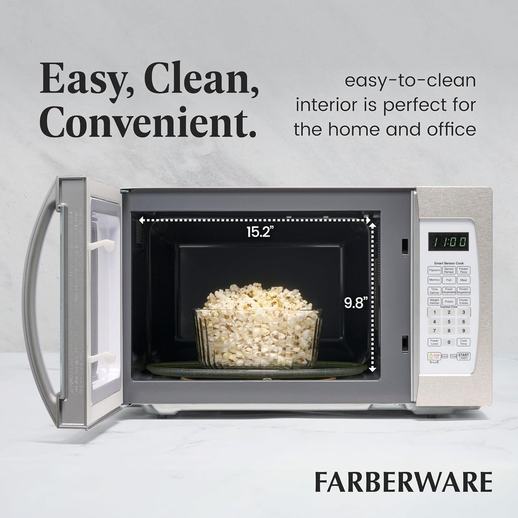Farberware Professional 1.3 Cu. Ft. 1100-Watt Microwave Oven with Smart Sensor Cooking, White and Platinum