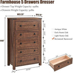 48 Tall Farmhouse 5 Drawer Wood Dresser, Chest of Drawers for Bedroom