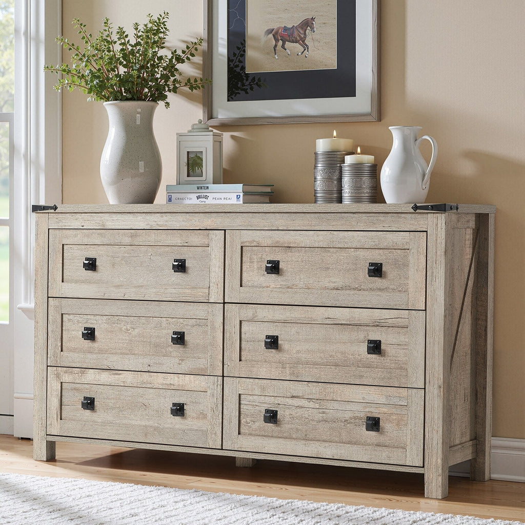 Farmhouse 6 Drawer Dresser, Wood TV Stand, Chest of Drawers