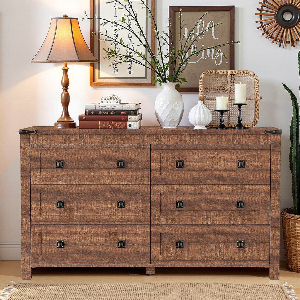 Farmhouse 6 Drawer Dresser, Wood TV Stand, Chest of Drawers