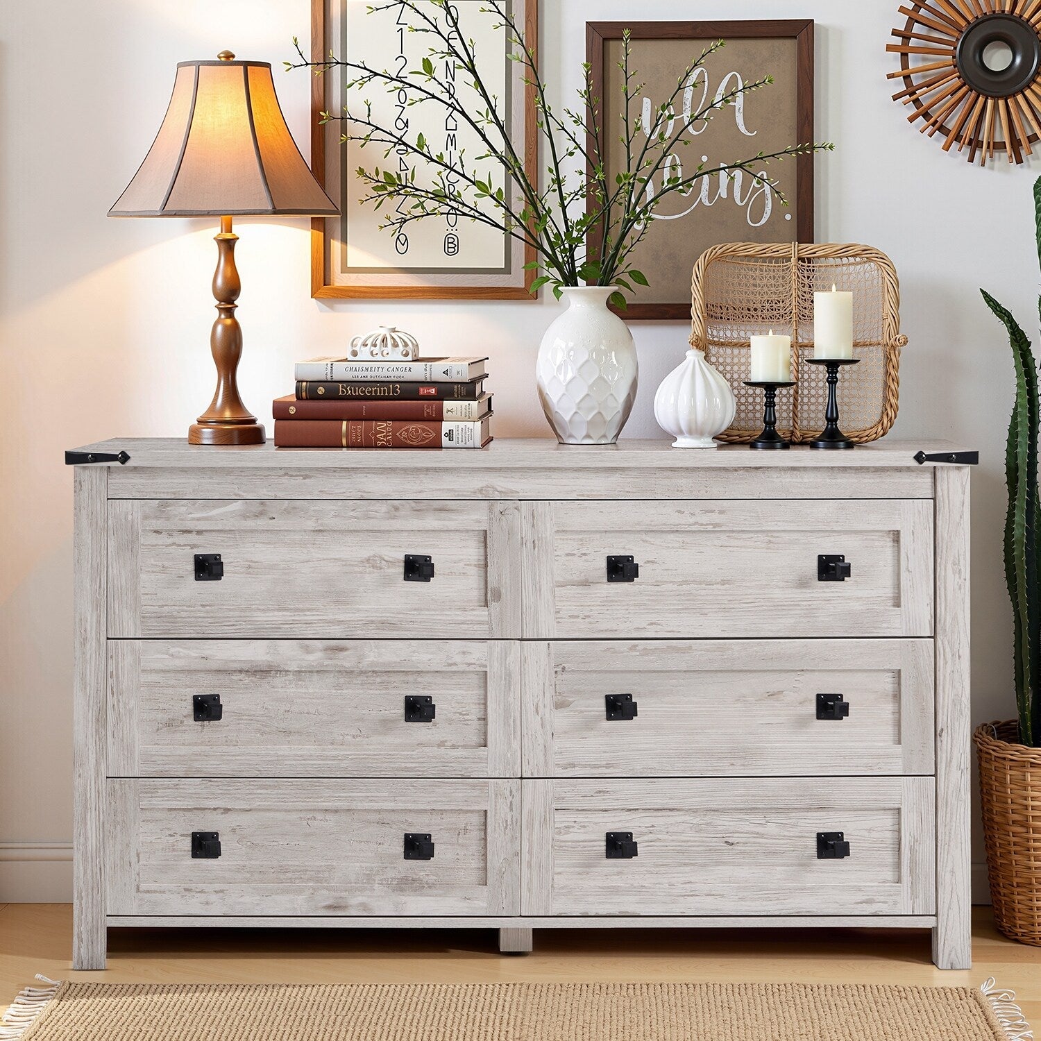 Farmhouse 6 Drawer Dresser, Wood TV Stand, Chest of Drawers
