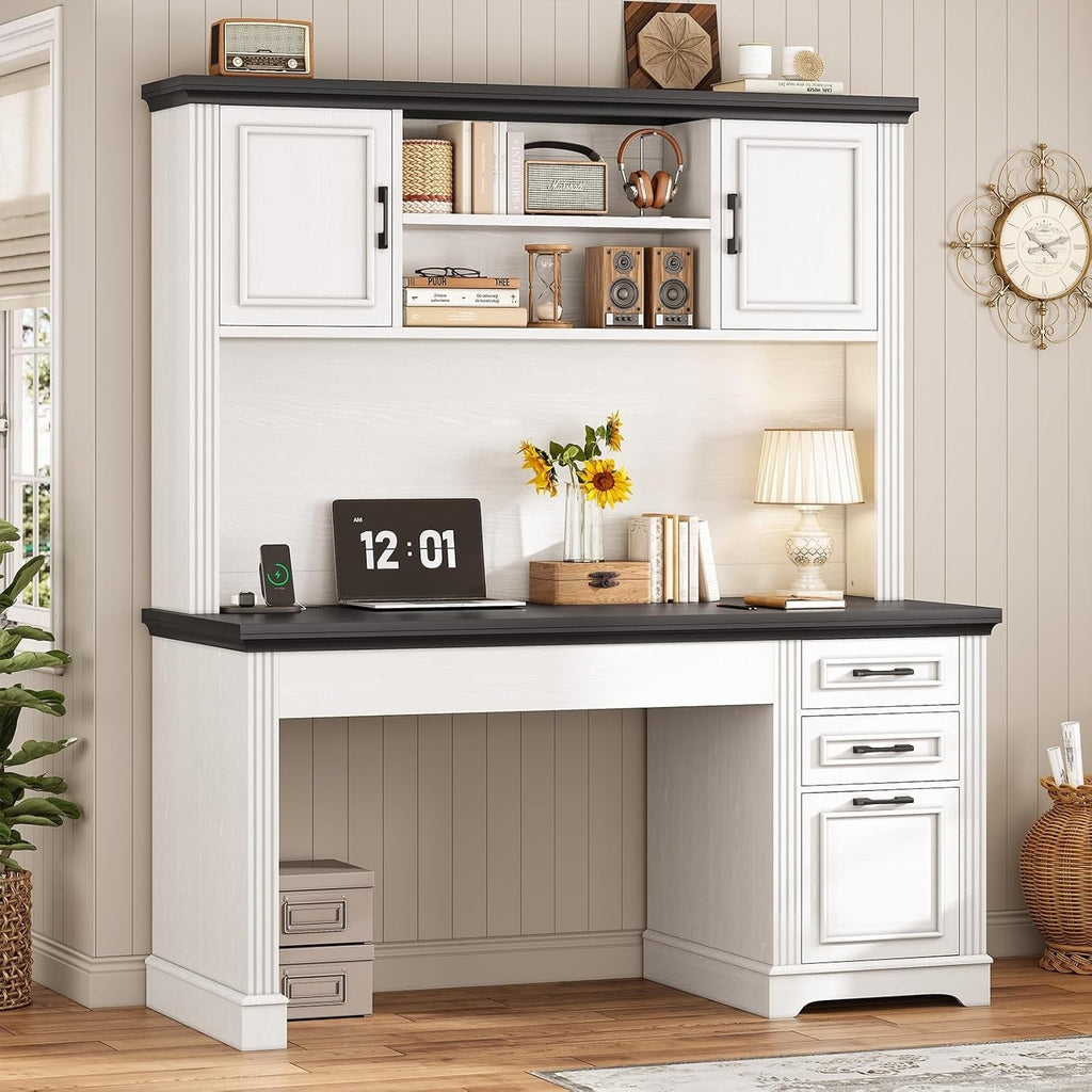 Farmhouse Executive Desk Home Office Desk File Drawer Monitor Stand Power Outlet