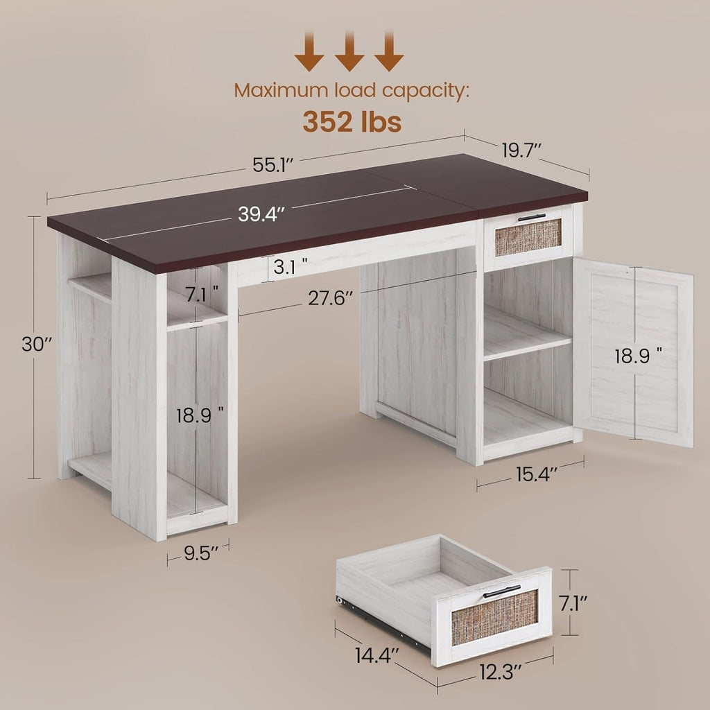 Farmhouse Executive Desk Home Office Desk File Drawer Monitor Stand Power Outlet
