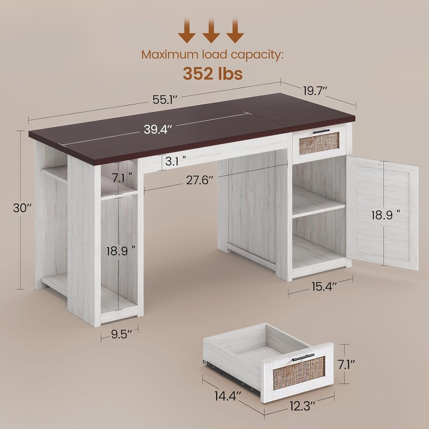 Farmhouse Executive Desk Home Office Desk File Drawer Monitor Stand Power Outlet