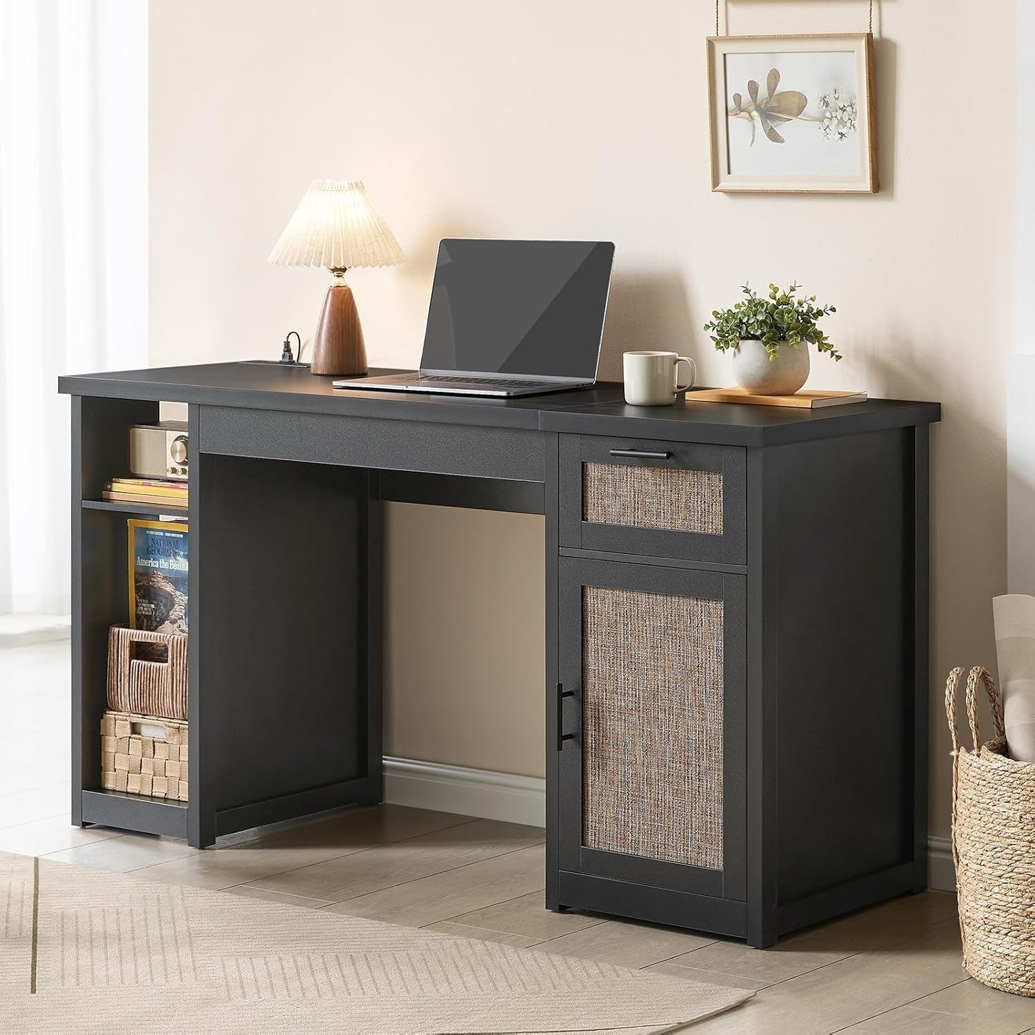 Farmhouse Executive Desk Home Office Desk File Drawer Monitor Stand Power Outlet