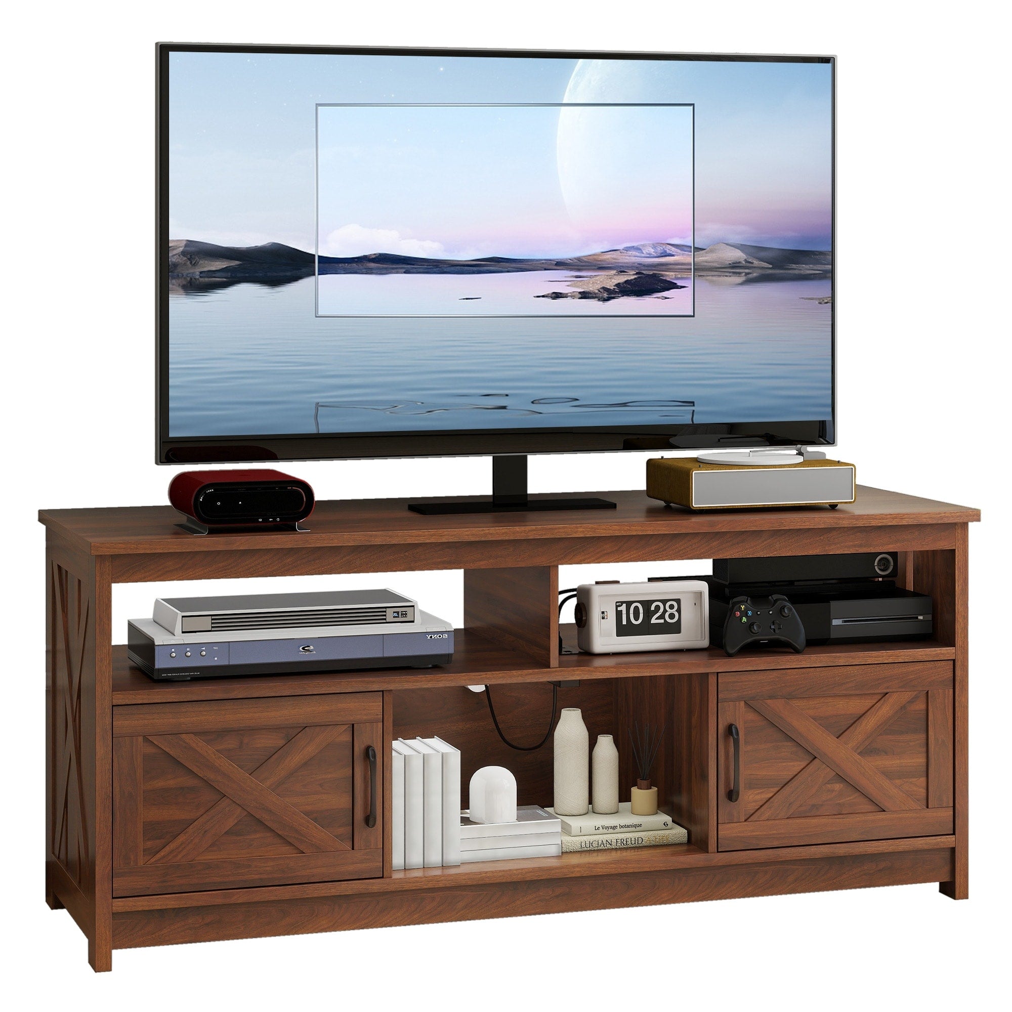 Farmhouse TV Stand for up to 65 TV with Doors and Open Shelves Media Console Power Outlet