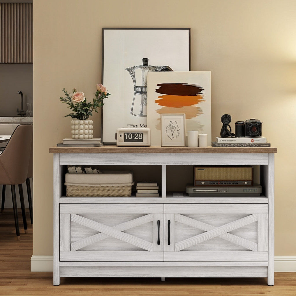 Farmhouse TV Stand for up to 65 TV with Doors and Open Shelves Media Console Power Outlet