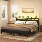 Farmhouse Wood Platform Bed Frame with Charged Station and LED Lights