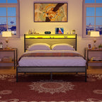 Farmhouse Wood Platform Bed Frame with Charged Station and LED Lights