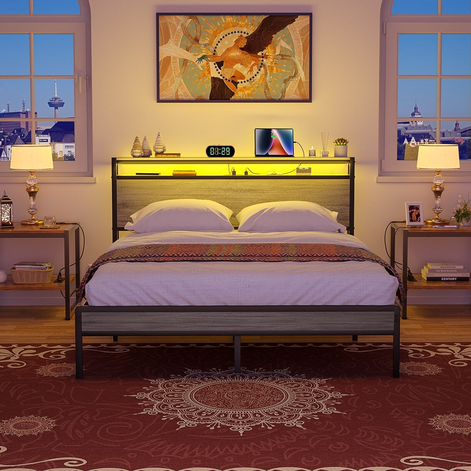 Farmhouse Wood Platform Bed Frame with Charged Station and LED Lights