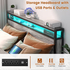 Farmhouse Wood Platform Bed Frame with Charged Station and LED Lights