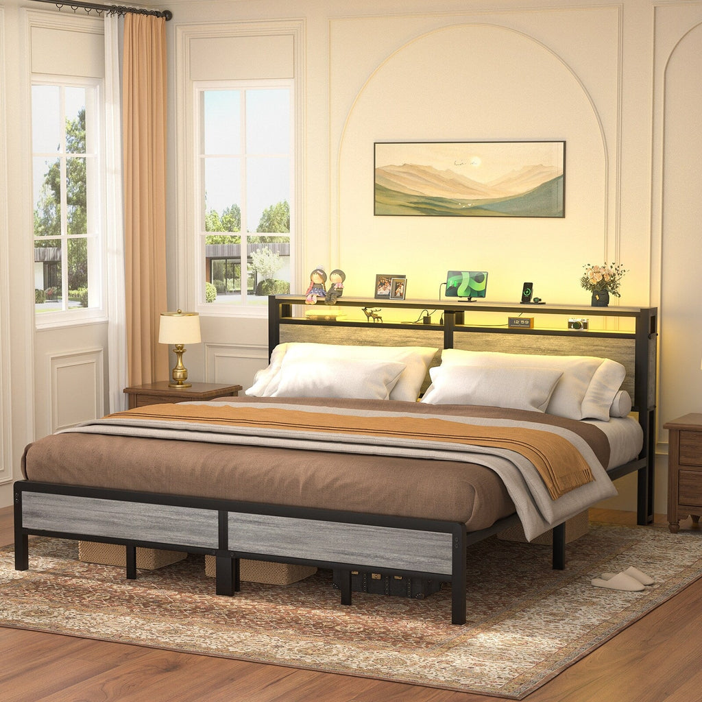 Farmhouse Wood Platform Bed Frame with Charged Station and LED Lights
