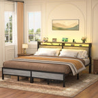 Farmhouse Wood Platform Bed Frame with Charged Station and LED Lights