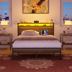 Farmhouse Wood Platform Bed Frame with Charged Station and LED Lights
