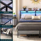 Farmhouse Wood Platform Bed Frame with Charged Station and LED Lights