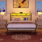 Farmhouse Wood Platform Bed Frame with Charged Station and LED Lights