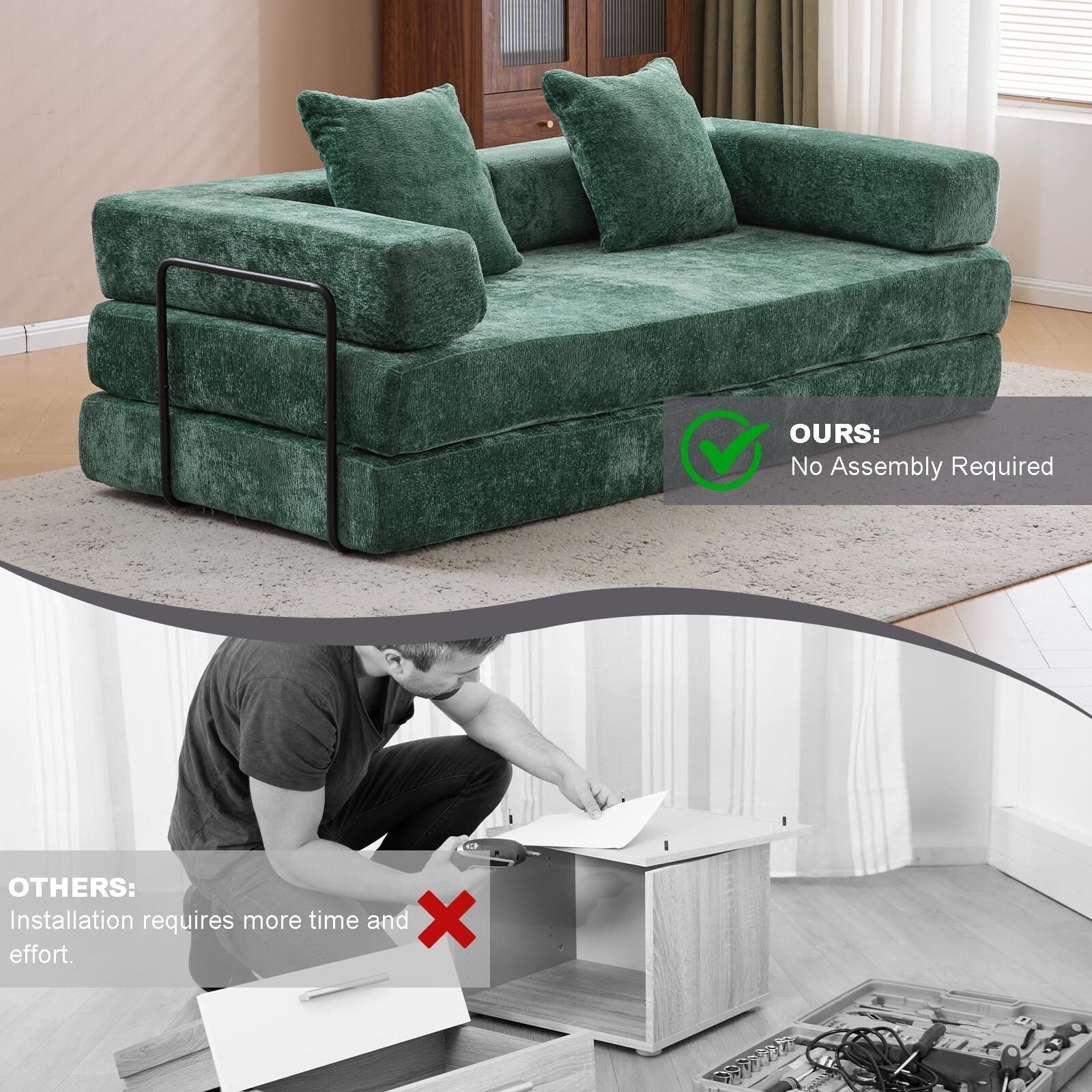 Floor Sofa Bed Convertible with Pillow Back Chenille Fabric for Living Room Bedroom