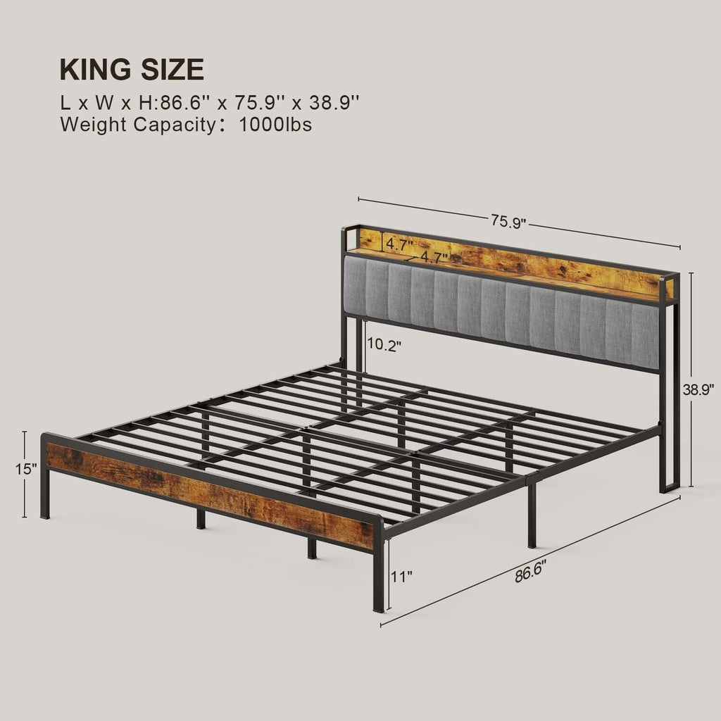 Twin / Full / Queen / King Size Metal Platform Bed Frame with Upholstered Storage Headboard