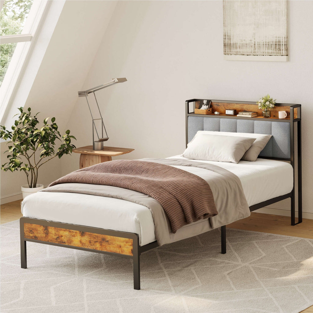 Twin / Full / Queen / King Size Metal Platform Bed Frame with Upholstered Storage Headboard