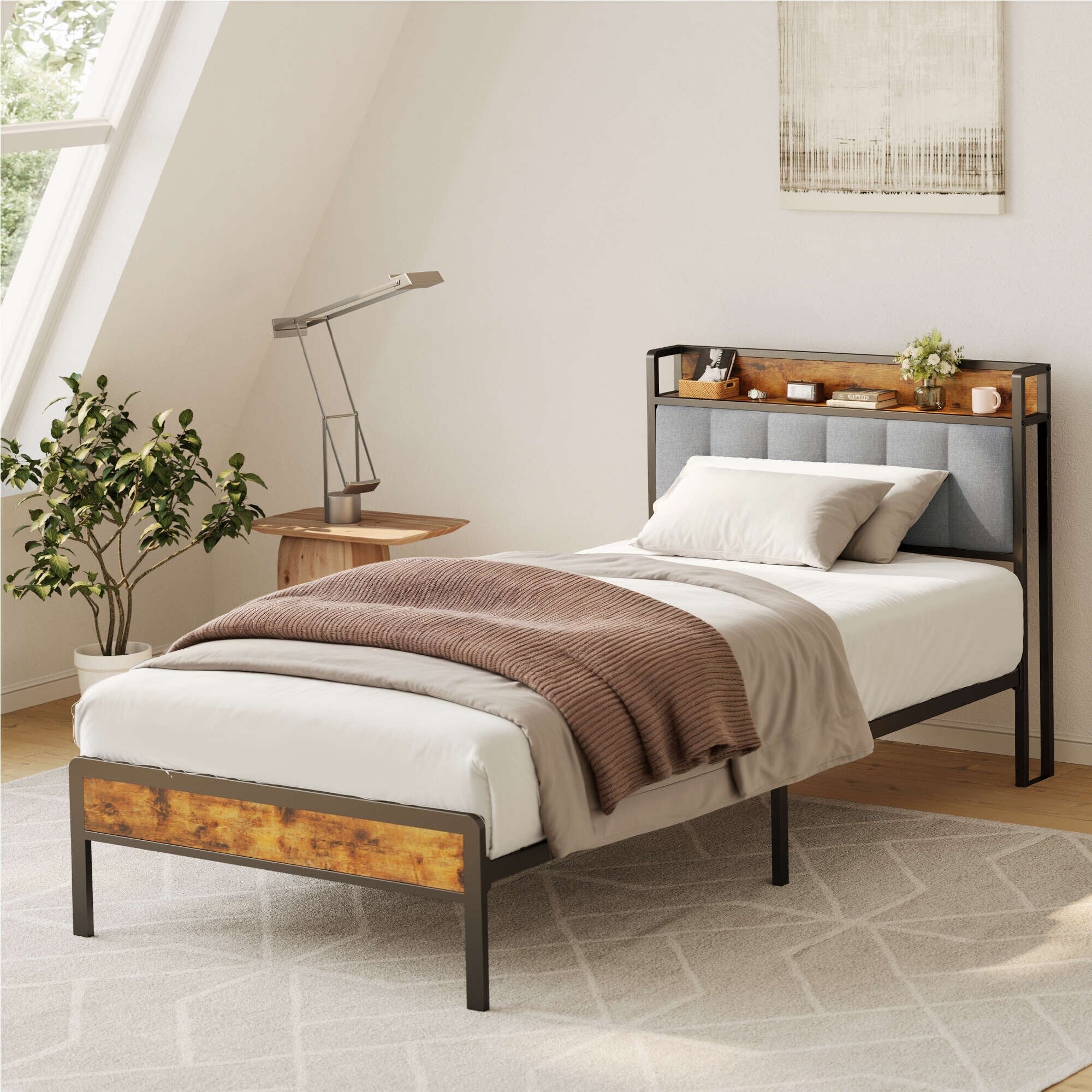 Twin / Full / Queen / King Size Metal Platform Bed Frame with Upholstered Storage Headboard