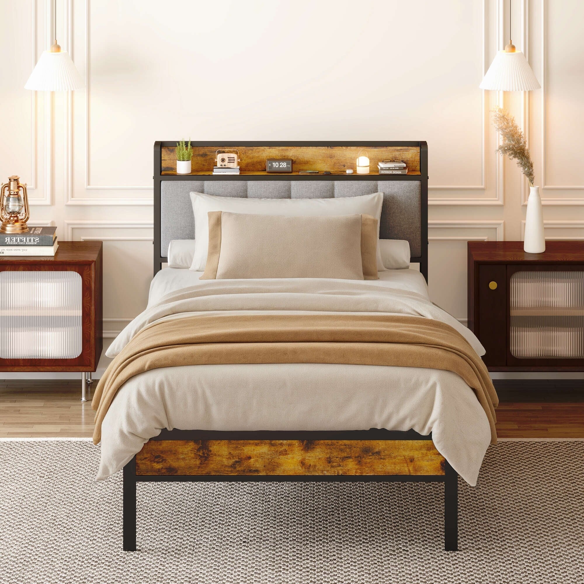 Twin / Full / Queen / King Size Metal Platform Bed Frame with Upholstered Storage Headboard