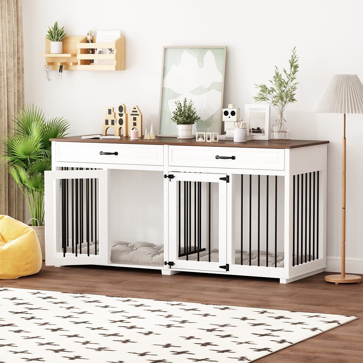 Furniture Style Dog Crate, 64.5 Inch Wooden Large Dog Kennel