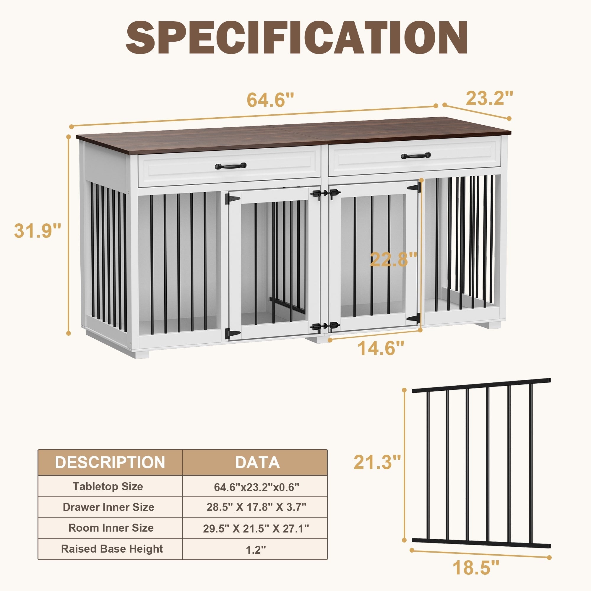 Furniture Style Dog Crate, 64.5 Inch Wooden Large Dog Kennel