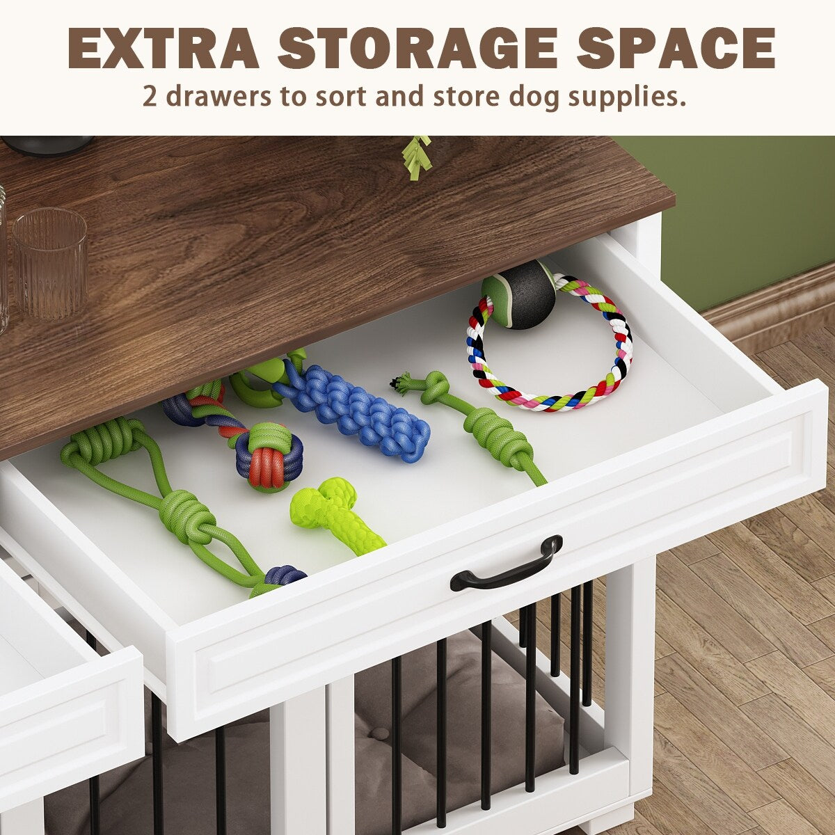 Furniture Style Dog Crate, 64.5 Inch Wooden Large Dog Kennel