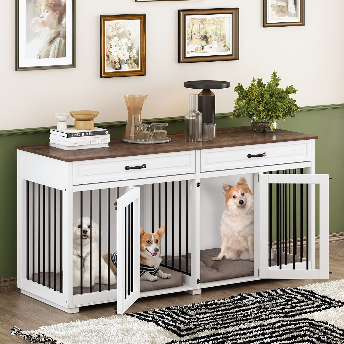 Furniture Style Dog Crate, 64.5 Inch Wooden Large Dog Kennel
