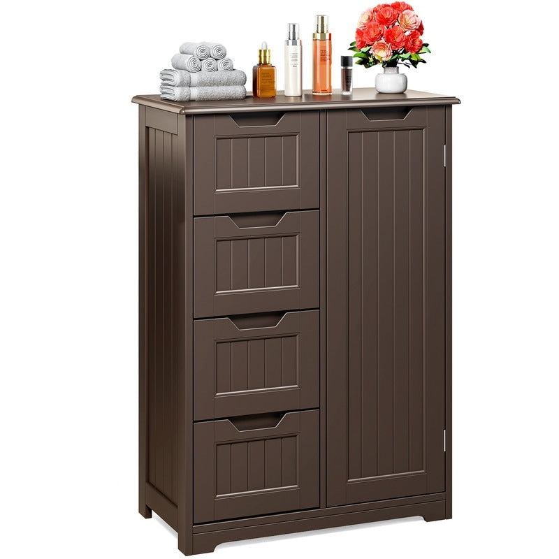 Bathroom Floor Storage Cabinet, Free-Standing Floor Storage Cabinet with 4 Draws and Adjustable Shelf