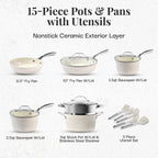 Gotham Steel Hammered Cream 15 Piece Pots and Pans Ultra Ceramic Nonstick Cookware Set with Utensils