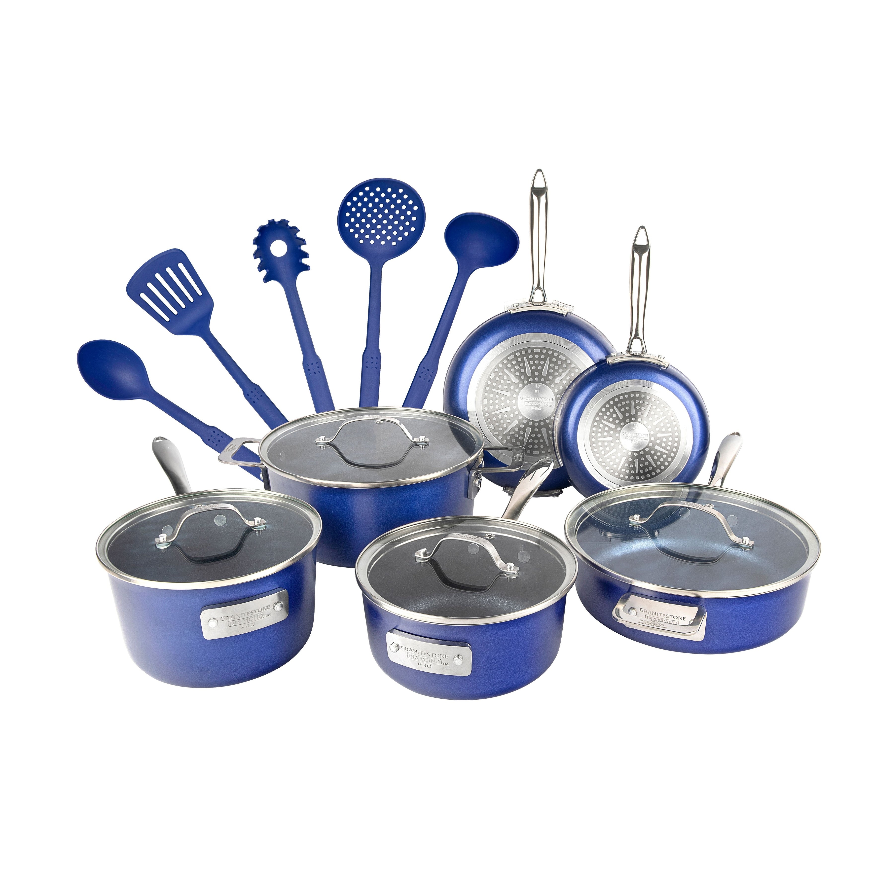 Granitestone Blue 15 Piece Stackmaster Nonstick Cookware Set with Glass Lids