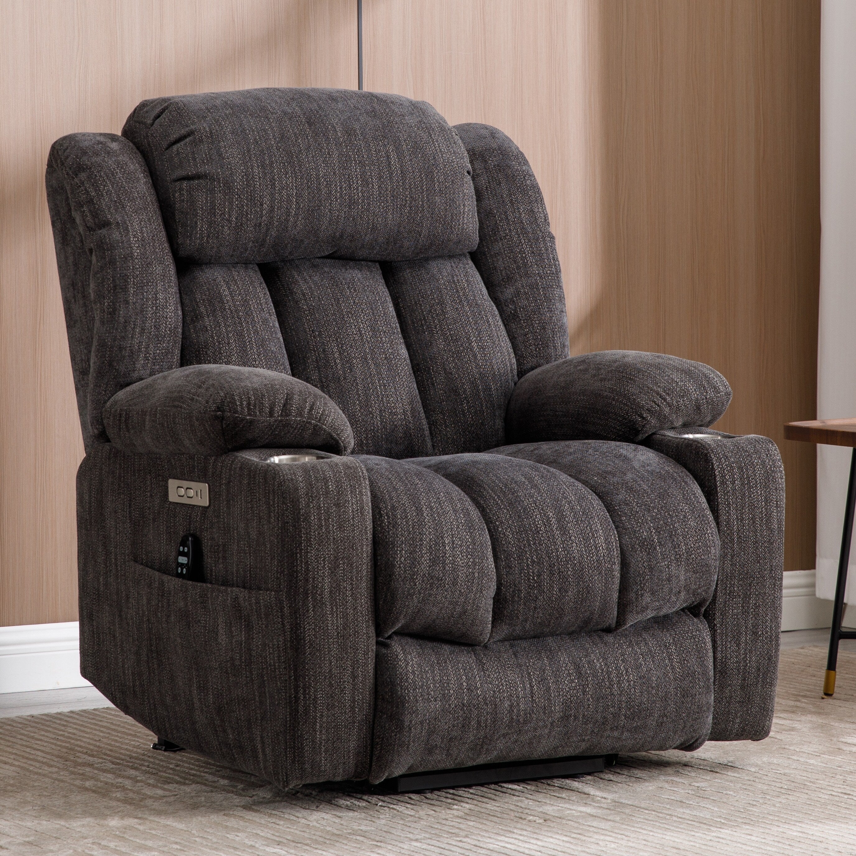 Grey Chenille Power Lift Recliner with Massage, Lumbar Heating, USB & Type-C Ports, and Stainless Steel Drink Holders