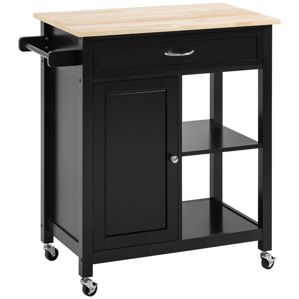 HOMCOM Kitchen Trolley, Wood Top Utility Cart on Wheels with Open Shelf and Storage Drawer for Dining Room, Kitchen