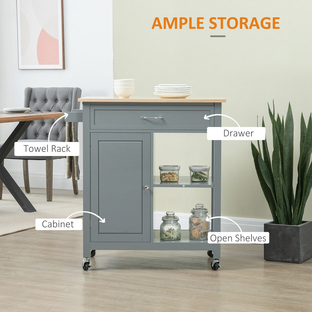 HOMCOM Kitchen Trolley, Wood Top Utility Cart on Wheels with Open Shelf and Storage Drawer for Dining Room, Kitchen