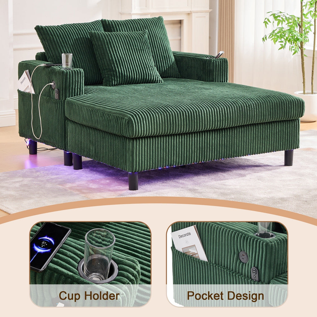 HOMEFUN Corduroy Upholstered Oversized RGB LED Light Recliner Sofa Bed with Cup Holder,USB&3 Pillows
