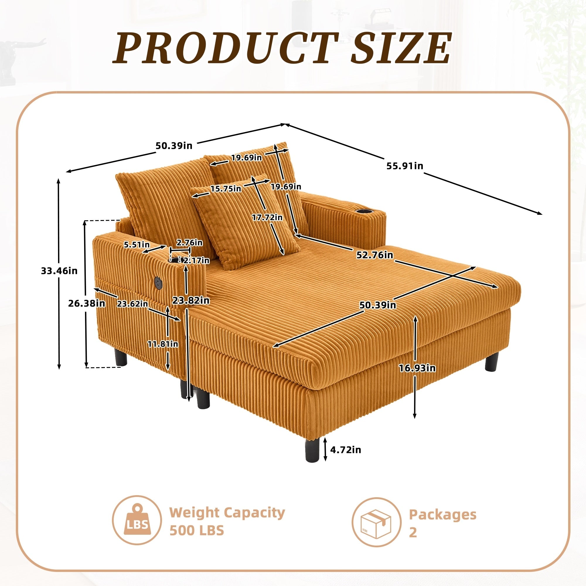 HOMEFUN Corduroy Upholstered Oversized RGB LED Light Recliner Sofa Bed with Cup Holder,USB&3 Pillows