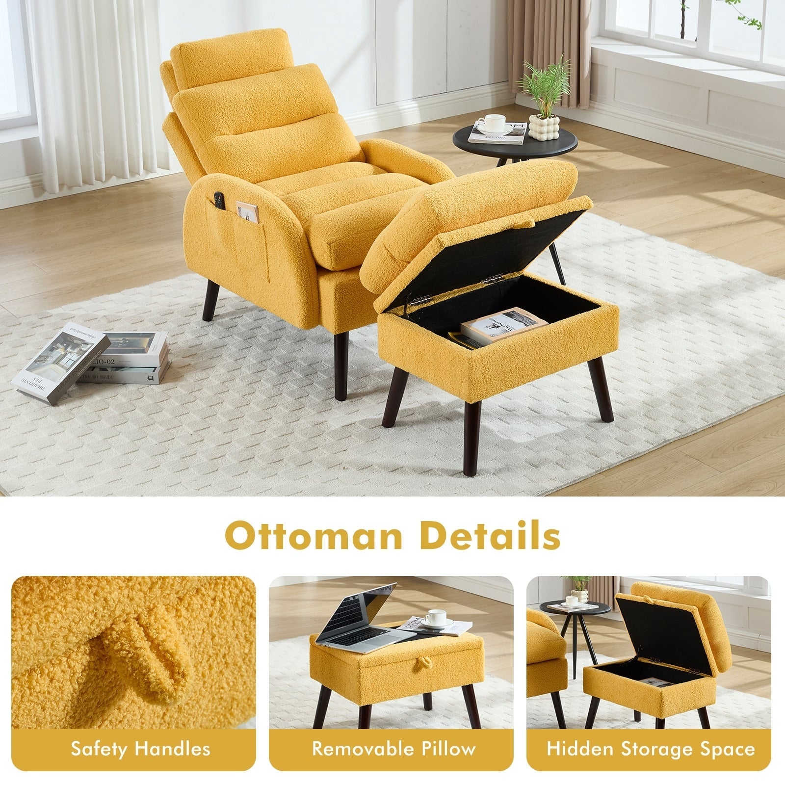 HOMYKA Accent Lounge Chair with Adjustable Backrest Storage Ottoman