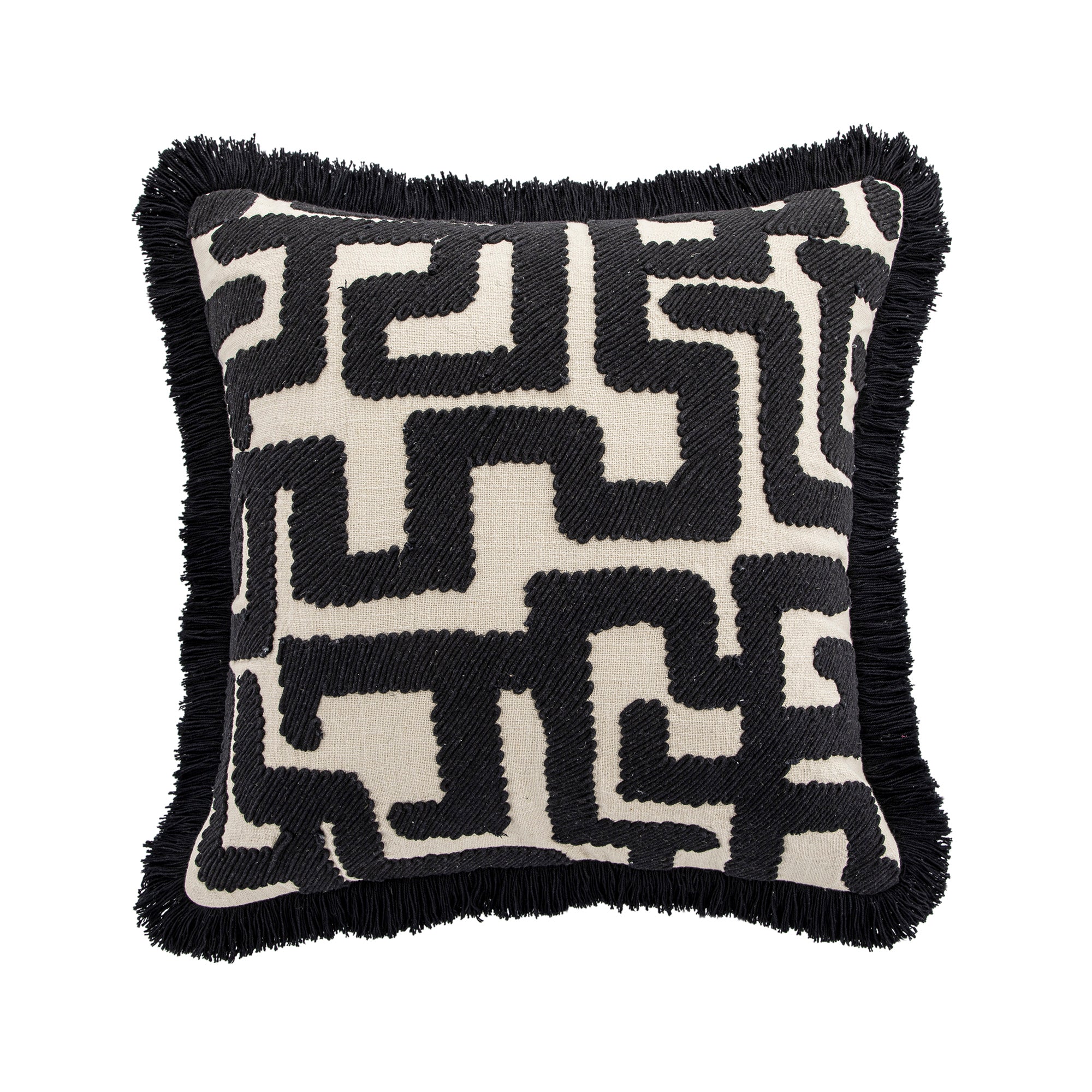 Baja Abstract Monochrome Black Fringe Cushion