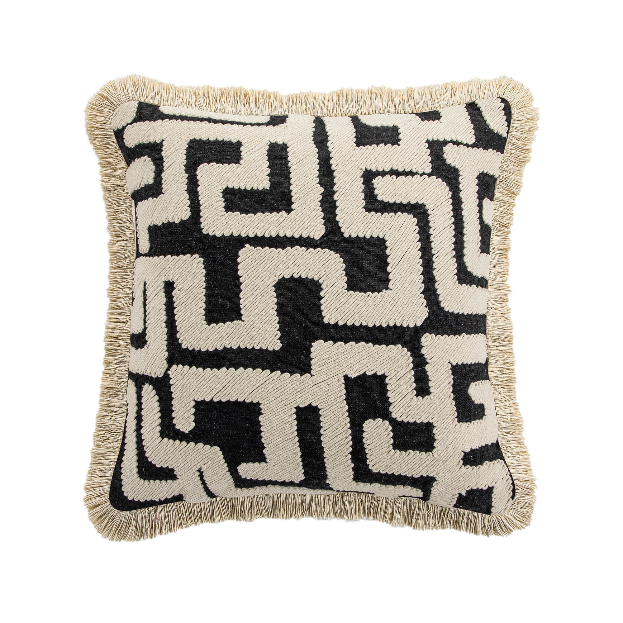 Baja Abstract Monochrome Cream Fringe Cushion