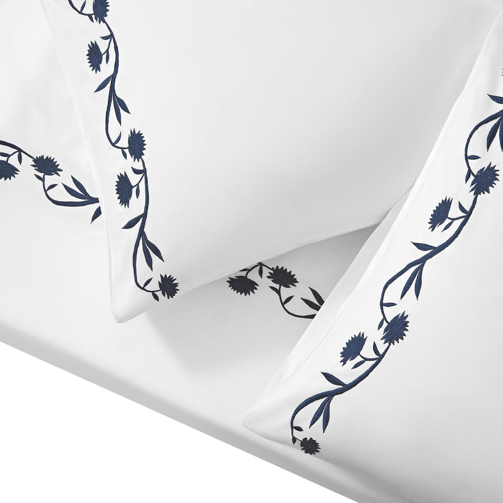 Adeline Midnight Blue Floral Embroidered 600 Thread Count Cotton Sateen Duvet Set