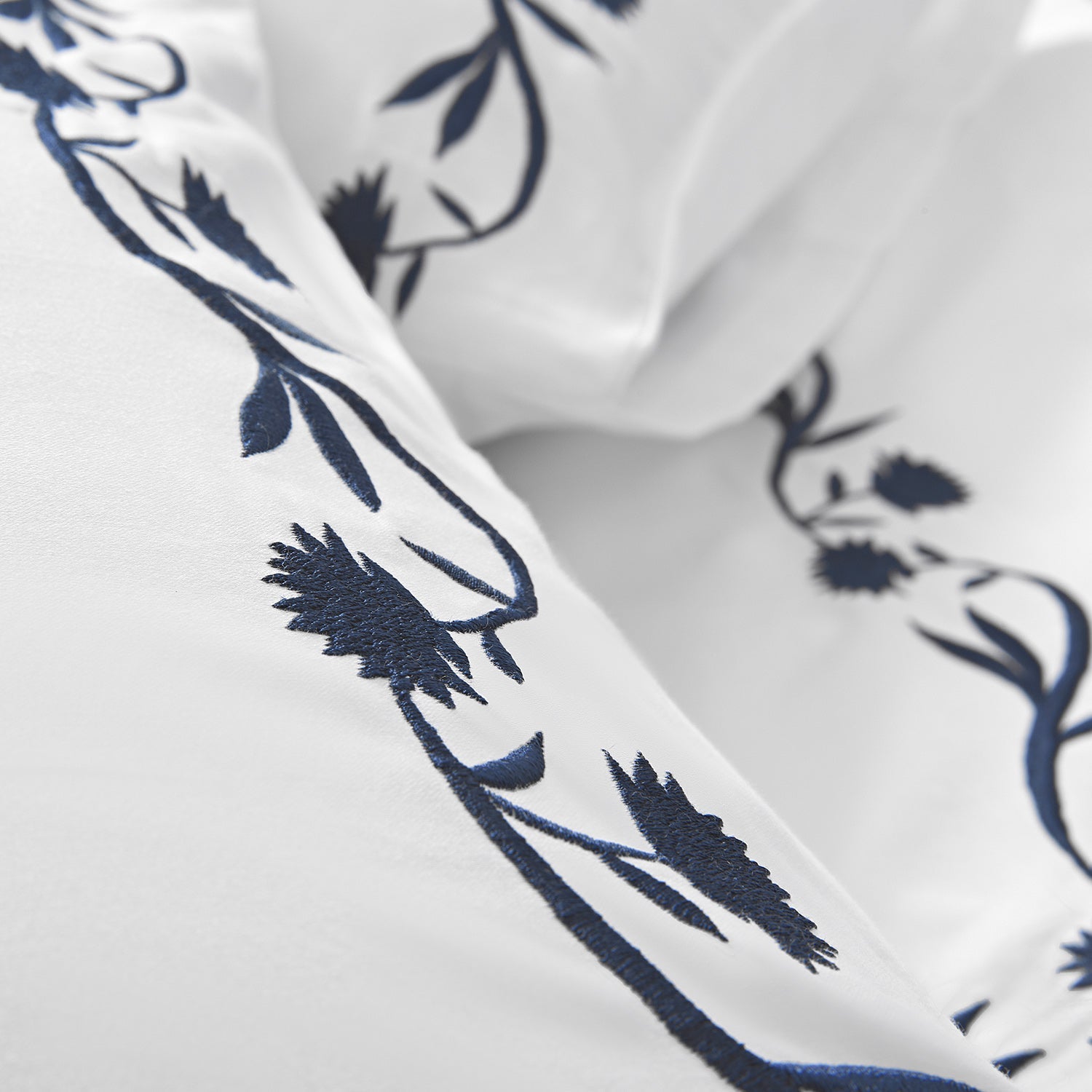 Adeline Midnight Blue Floral Embroidered 600 Thread Count Cotton Sateen Duvet Set