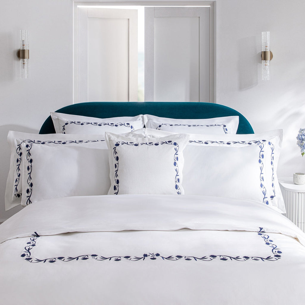 Adeline Midnight Blue Floral Embroidered 600 Thread Count Cotton Sateen Duvet Set