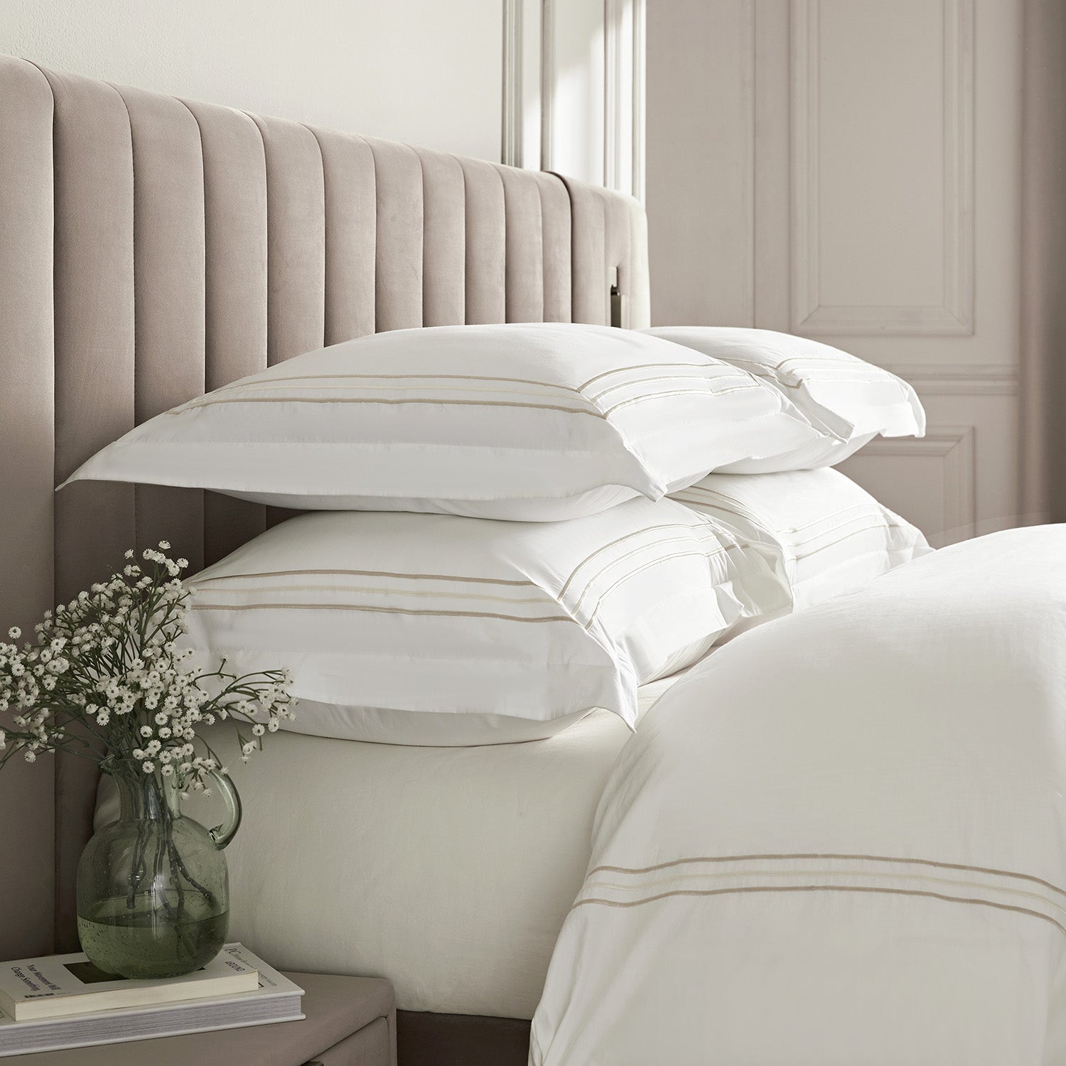 Belvedere Champagne Gold Cord Embroidered 300 Thread Count Cotton Percale Duvet Set