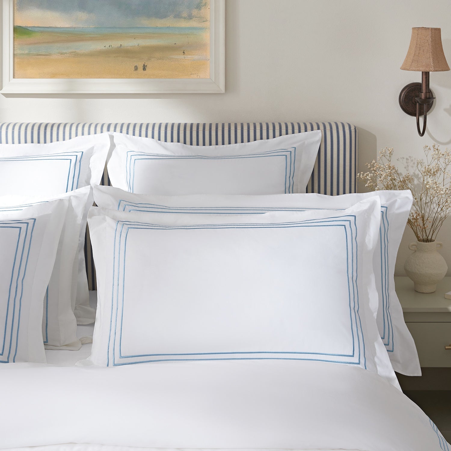 Belvedere Royal Blue Cord Embroidered 300 Thread Count Cotton Percale Oxford Pillowcases - Pair