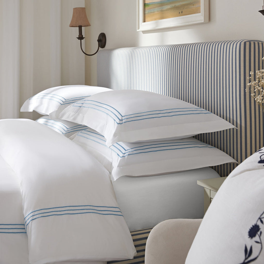 Belvedere Royal Blue Cord Embroidered 300 Thread Count Cotton Percale Oxford Pillowcases - Pair