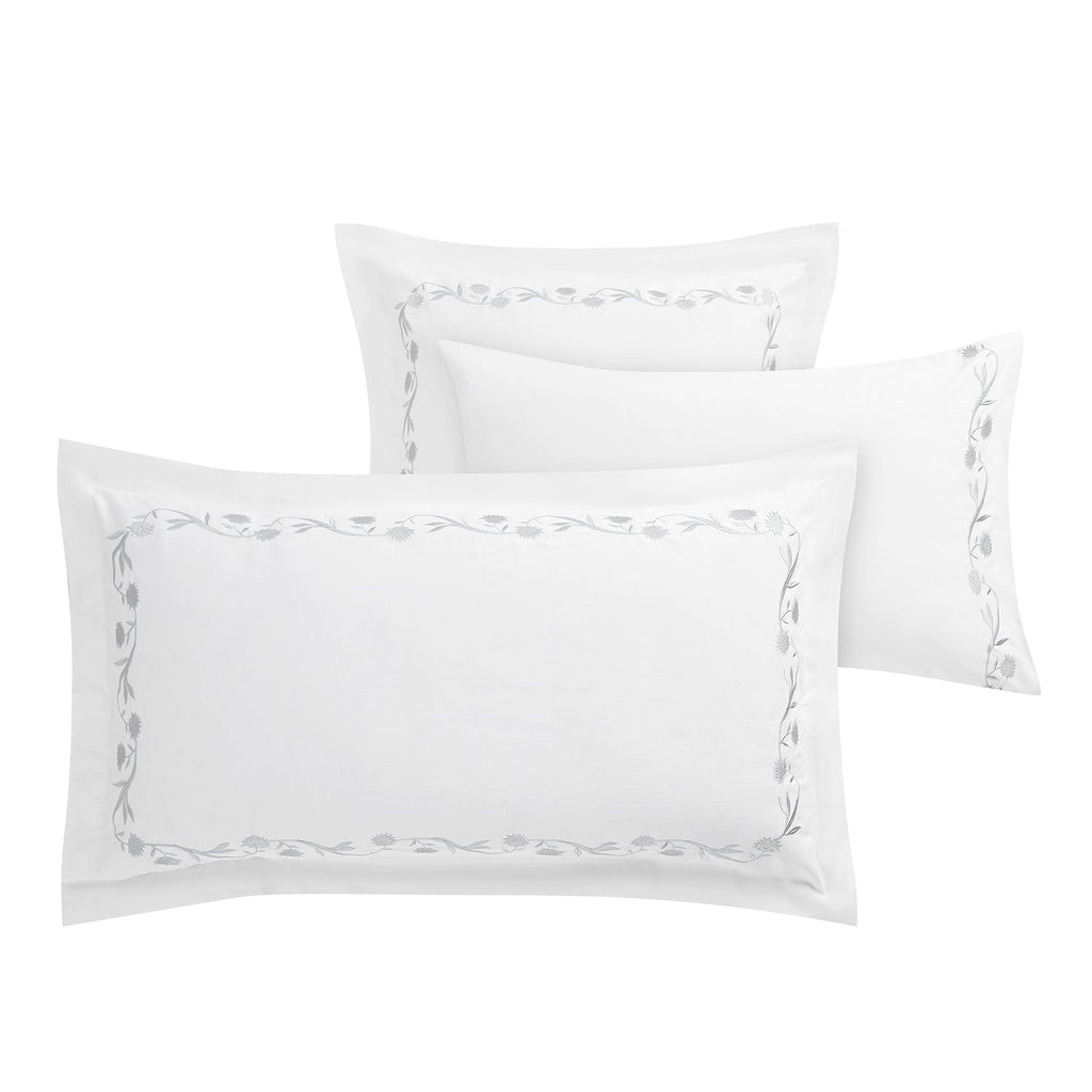 Adeline Moonshine Grey Floral Embroidered 600 Thread Count Cotton Sateen Continental Square Pillowcases - Pair