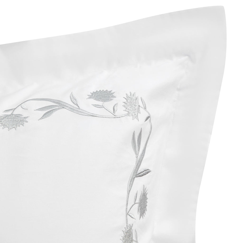 Adeline Moonshine Grey Floral Embroidered 600 Thread Count Cotton Sateen Continental Square Pillowcases - Pair