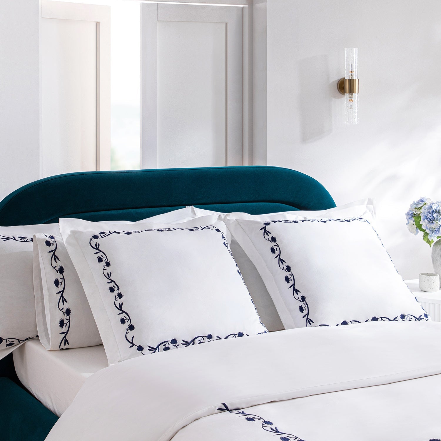 Adeline Midnight Blue Floral Embroidered 600 Thread Count Cotton Sateen Continental Square Pillowcases - Pair