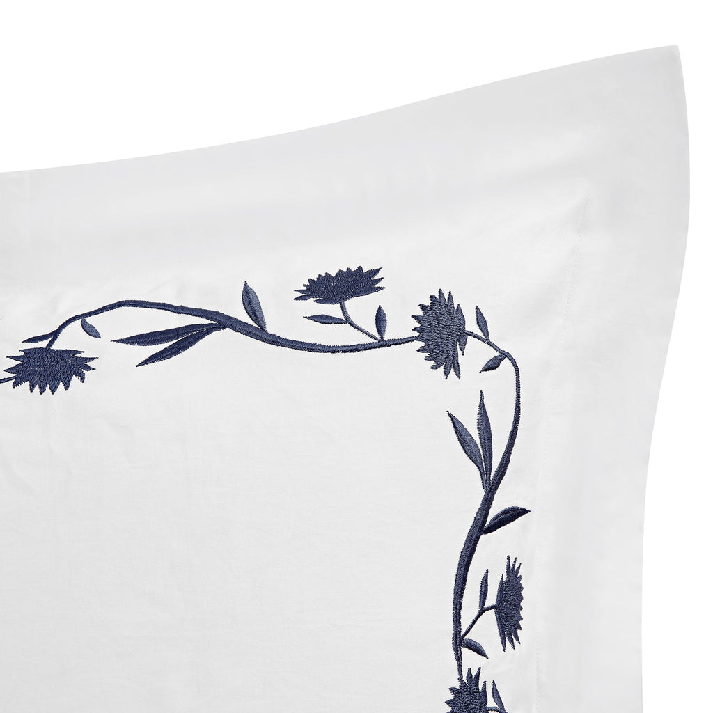 Adeline Midnight Blue Floral Embroidered 600 Thread Count Cotton Sateen King Size Oxford Pillowcases - Pair